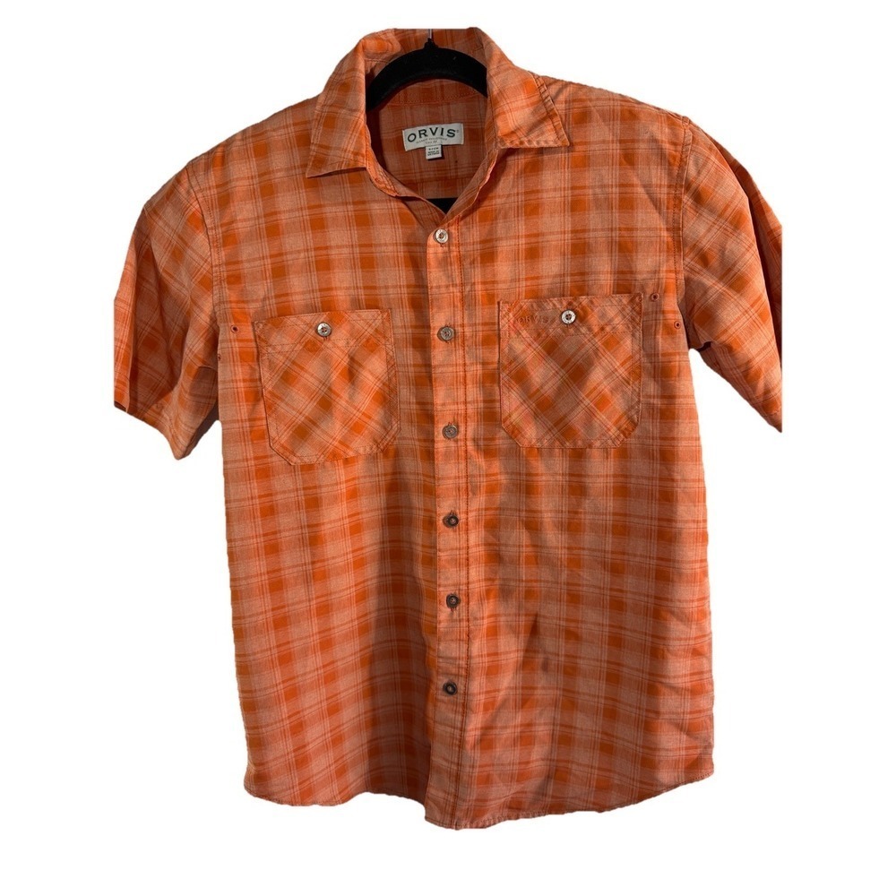 Orvis Tech Chambray Work Shirt Mens Medium Orange Plaid Short Sleeve Button Up